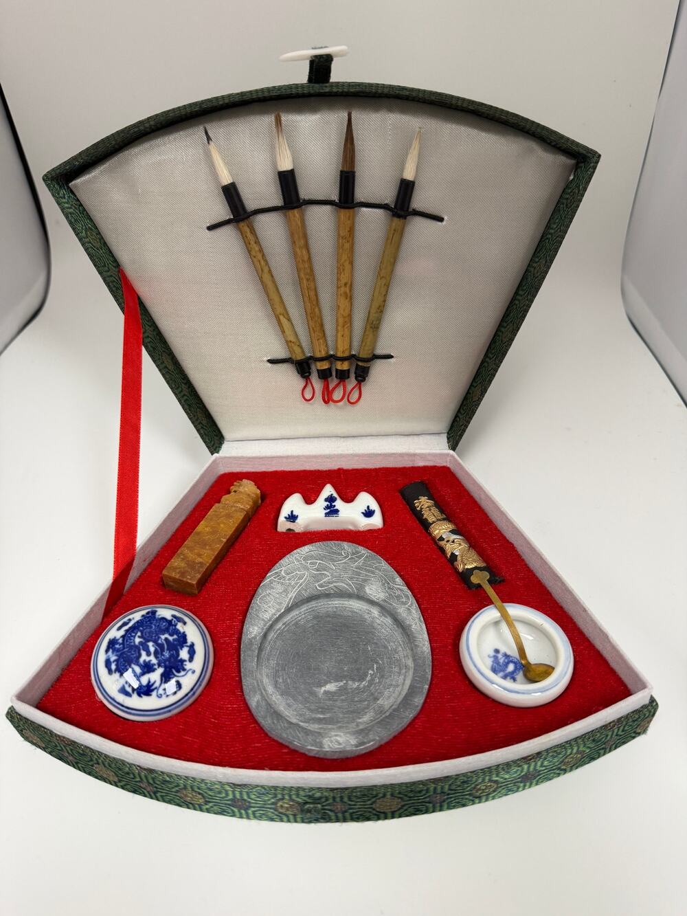 Chinese Calligraphy Set Green Brocade Fan Case 4 Brushes Inkstone Carved Seal